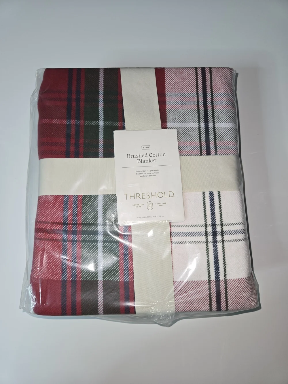 Threshold Brushed Cotton Plaid Blanket - Red, Green, White - King Size